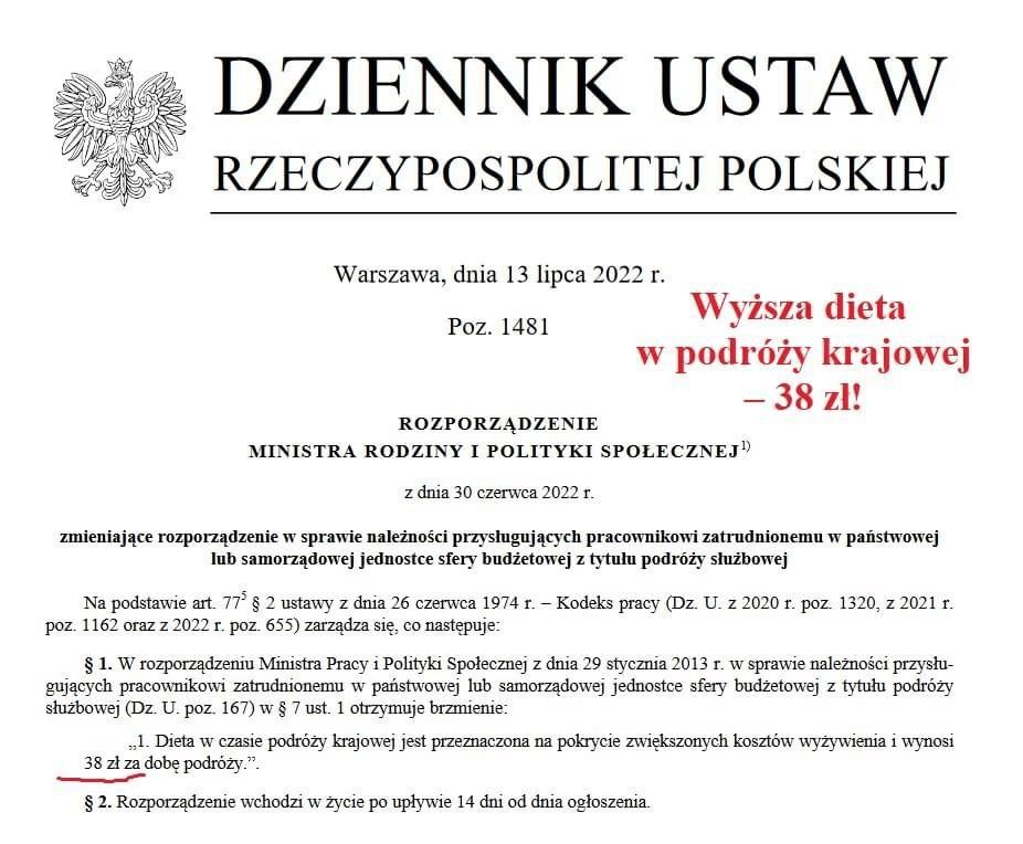nowa wysokość diety w podróży krajowej